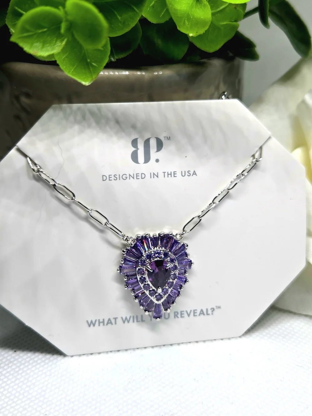 BP Silver-Tone Necklace with Amethyst CZ Teardrop Pendant and Baguette Accents